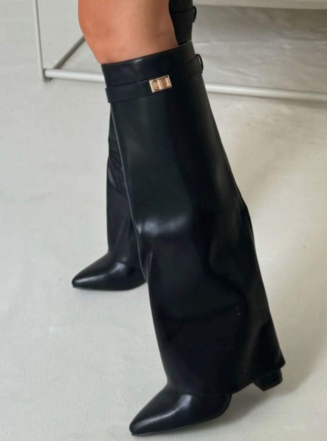 Perrine | Women's Slouchy Foldover High Heel Boots Gold-Buckle Knee-High
