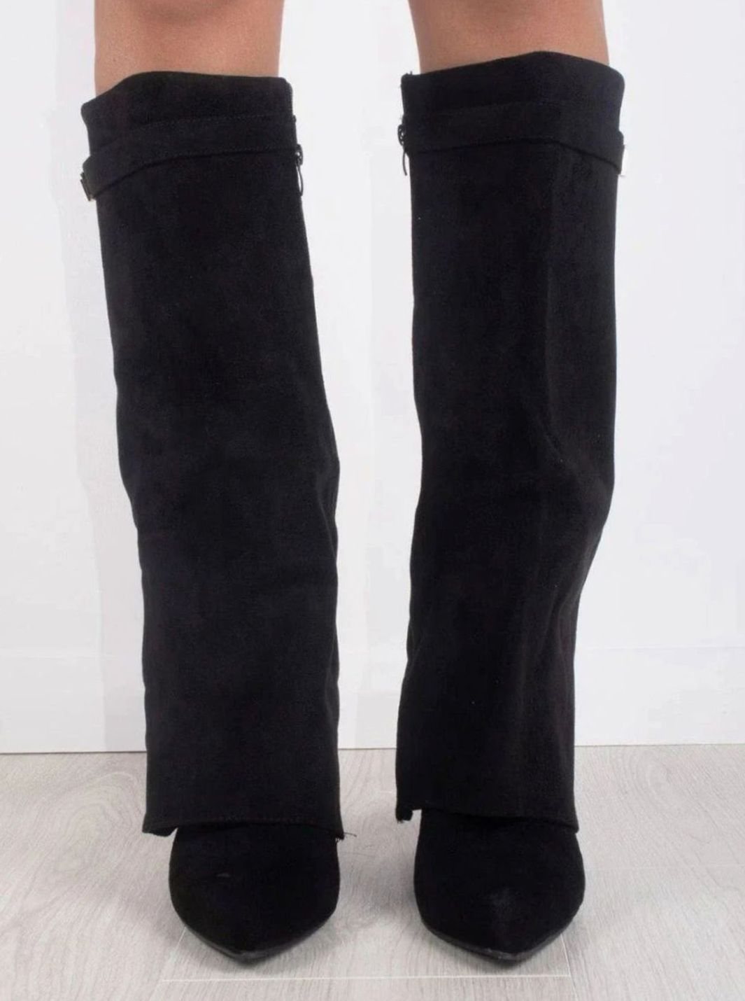 Perrine | Women's Slouchy Foldover High Heel Boots Gold-Buckle Knee-High
