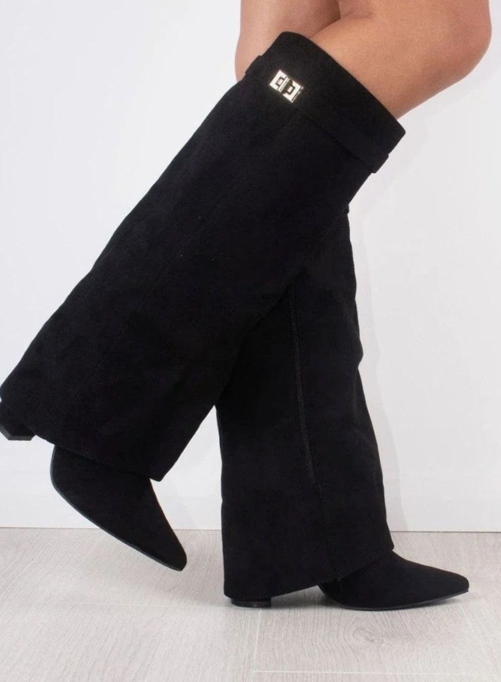 Perrine | Women's Slouchy Foldover High Heel Boots Gold-Buckle Knee-High