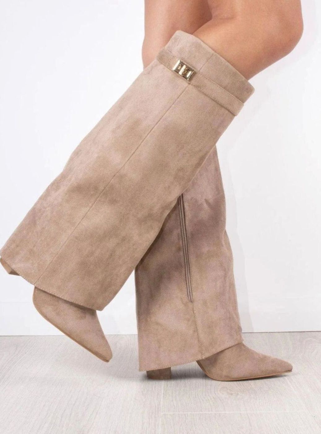 Perrine | Women's Slouchy Foldover High Heel Boots Gold-Buckle Knee-High
