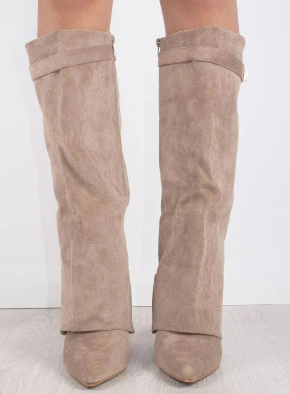 Perrine | Women's Slouchy Foldover High Heel Boots Gold-Buckle Knee-High