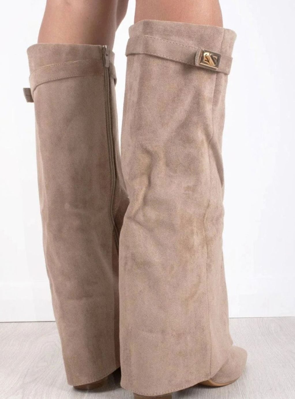 Perrine | Women's Slouchy Foldover High Heel Boots Gold-Buckle Knee-High