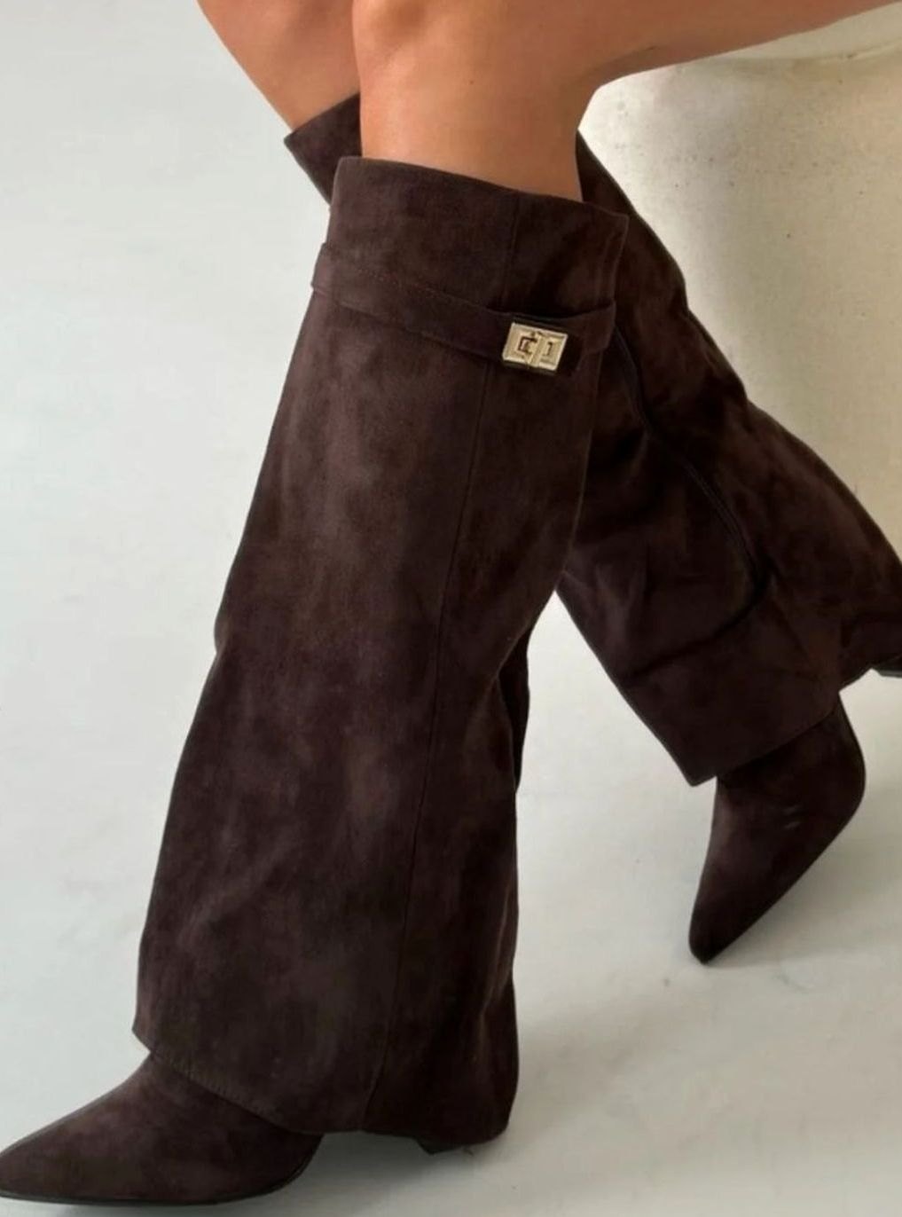Perrine | Women's Slouchy Foldover High Heel Boots Gold-Buckle Knee-High