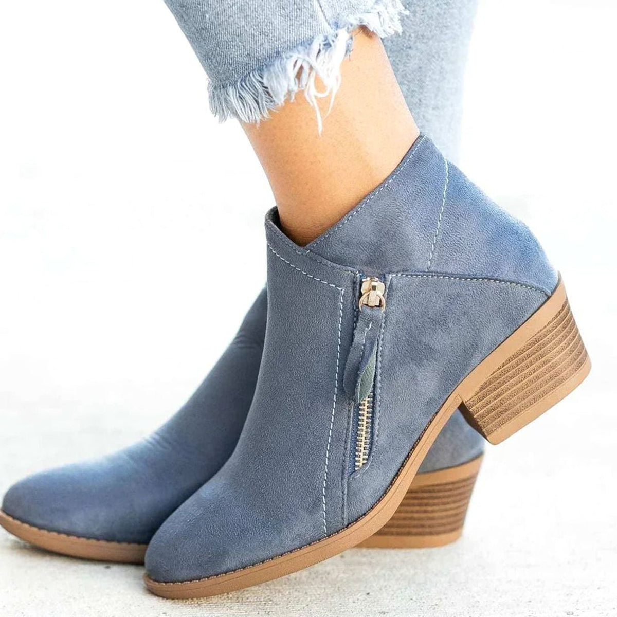 Coralie | Women's Suede V-Cut Zip-Up Block Heel Ankle Boots