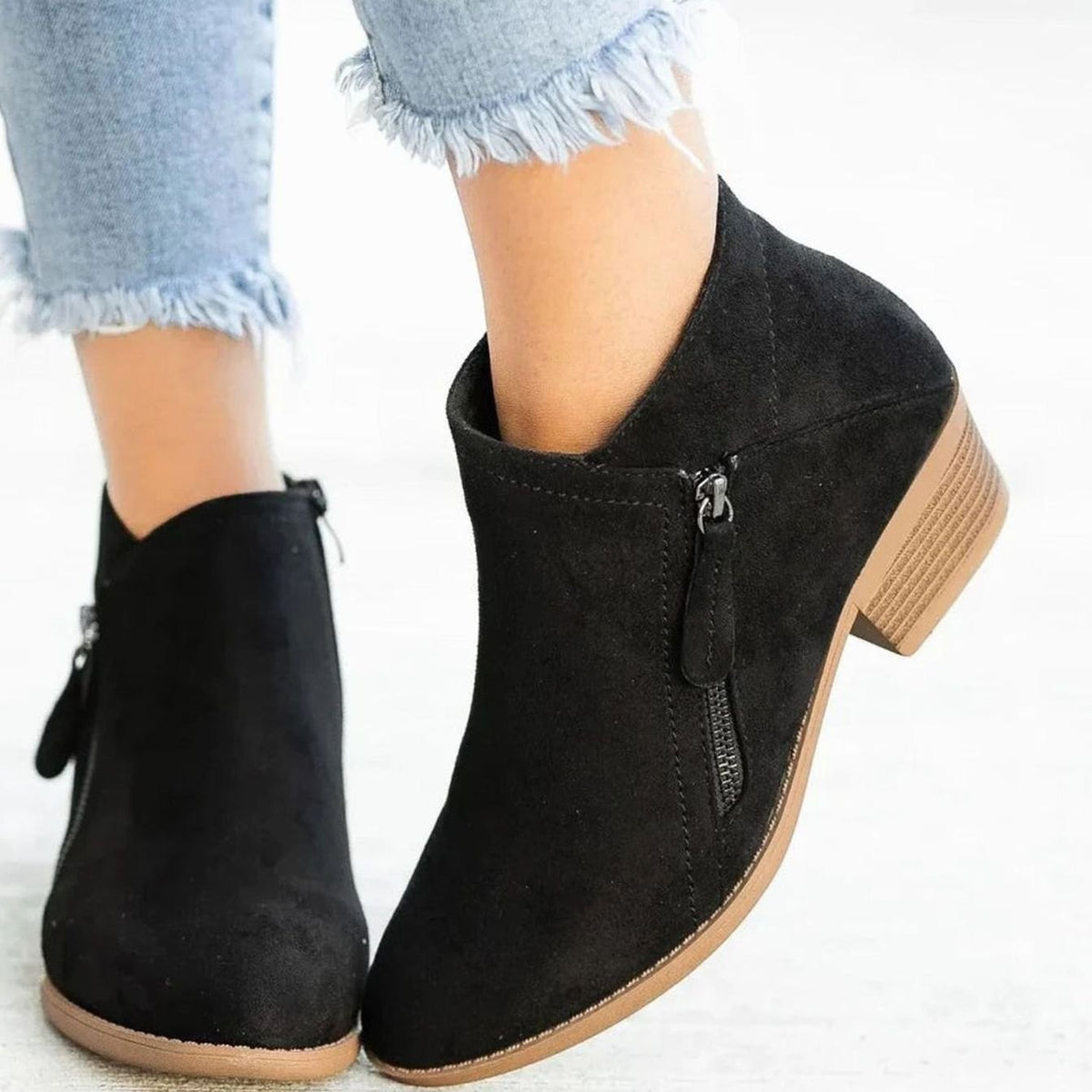 Coralie | Women's Suede V-Cut Zip-Up Block Heel Ankle Boots