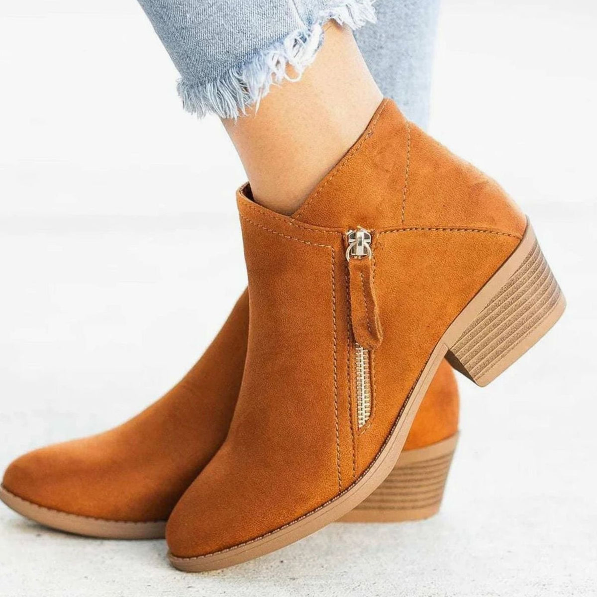 Coralie | Women's Suede V-Cut Zip-Up Block Heel Ankle Boots