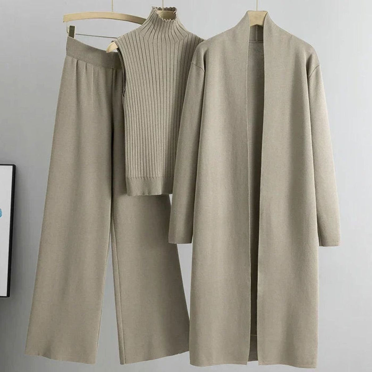 Sylvaine | Women's Three-Piece Cardigan Wide-Leg Pants Ribbed Top Knit Set