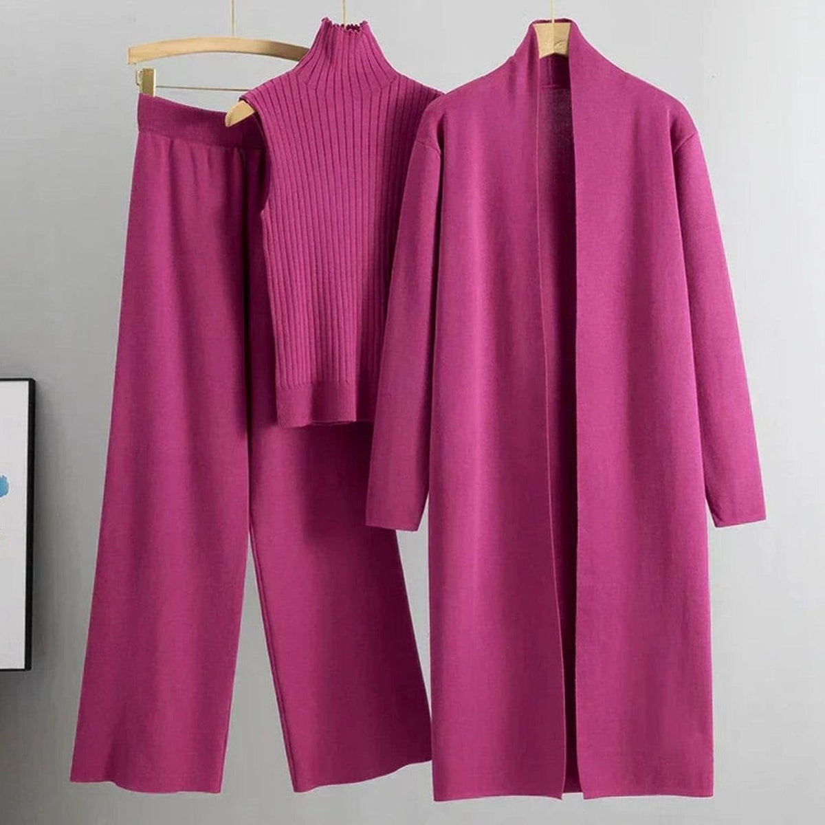 Sylvaine | Women's Three-Piece Cardigan Wide-Leg Pants Ribbed Top Knit Set