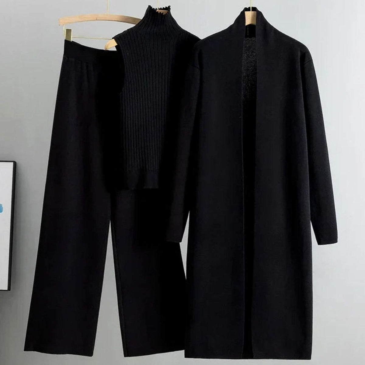 Sylvaine | Women's Three-Piece Cardigan Wide-Leg Pants Ribbed Top Knit Set