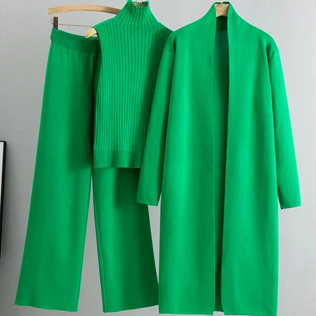 Sylvaine | Women's Three-Piece Cardigan Wide-Leg Pants Ribbed Top Knit Set