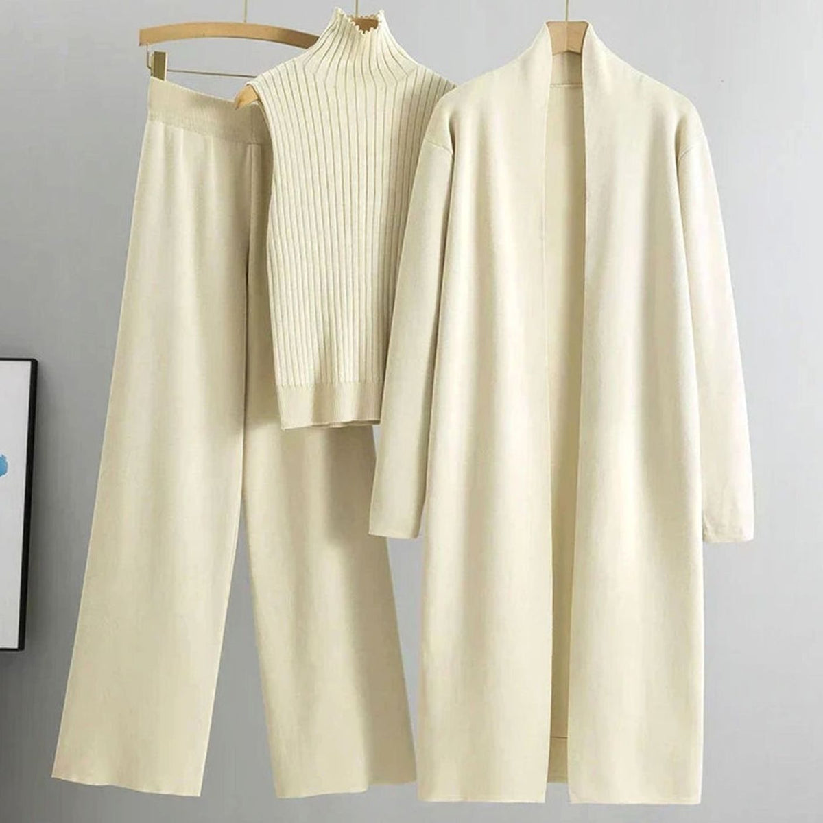Sylvaine | Women's Three-Piece Cardigan Wide-Leg Pants Ribbed Top Knit Set