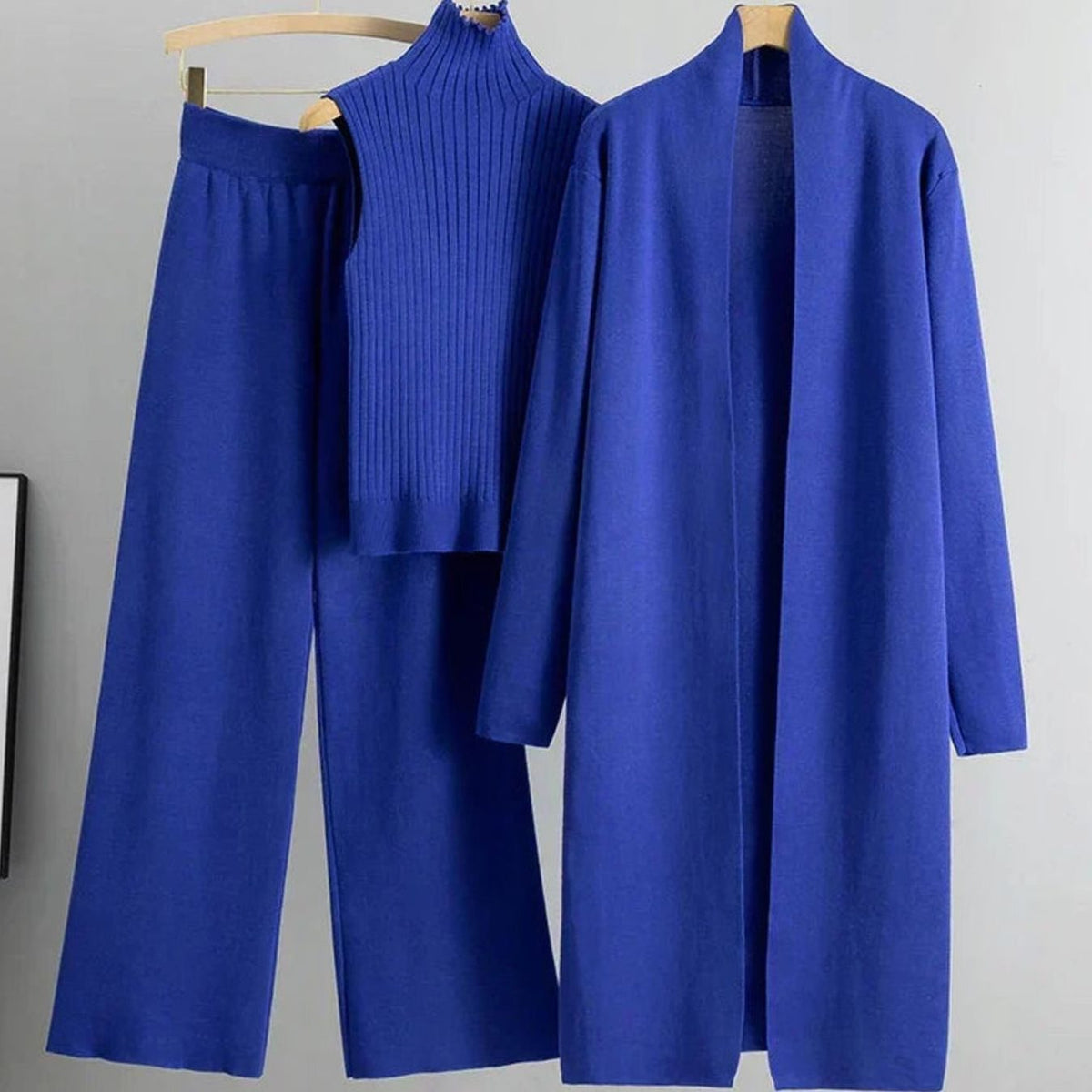 Sylvaine | Women's Three-Piece Cardigan Wide-Leg Pants Ribbed Top Knit Set