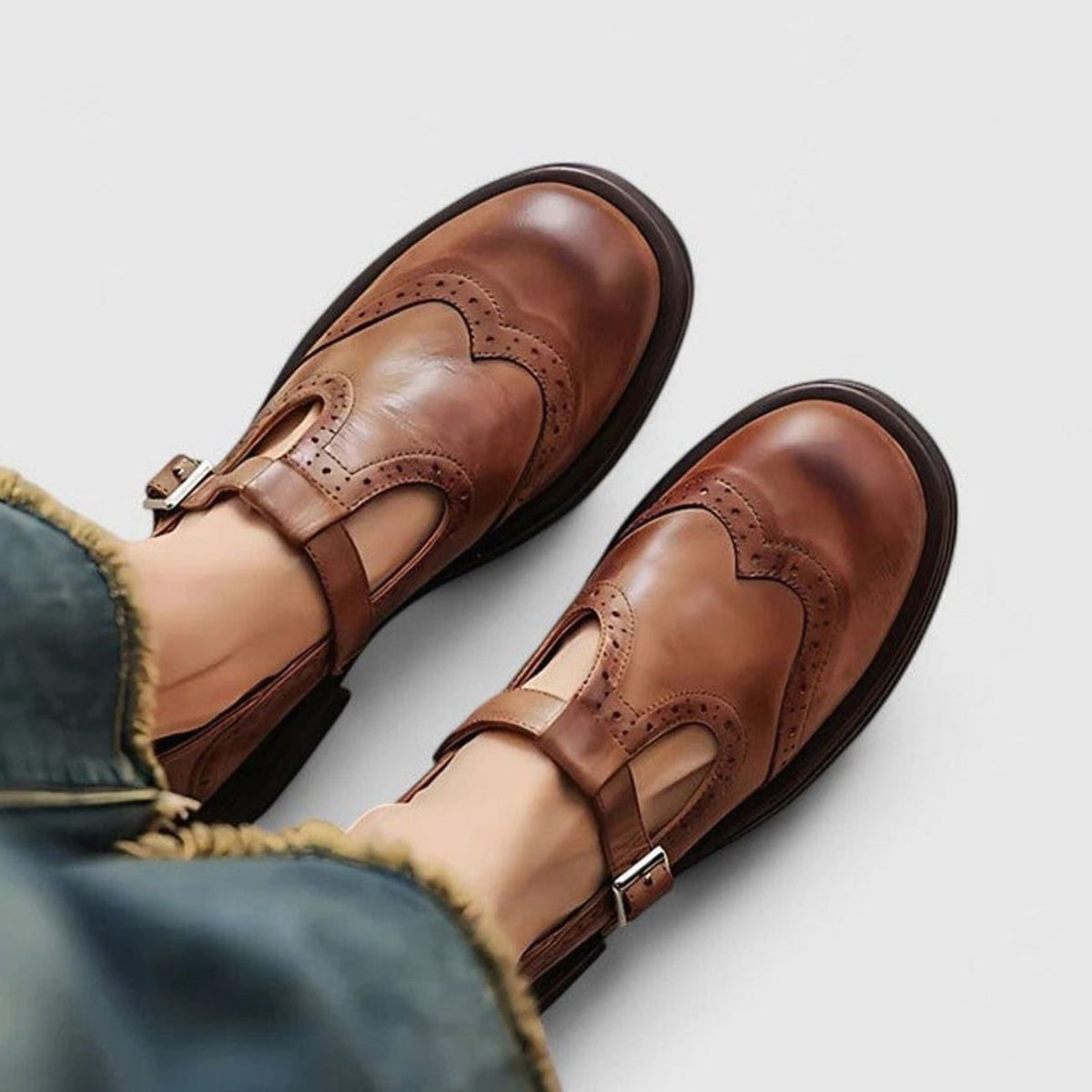Mia | Women's Vegan Leather T-Strap Buckle Brogue Flats