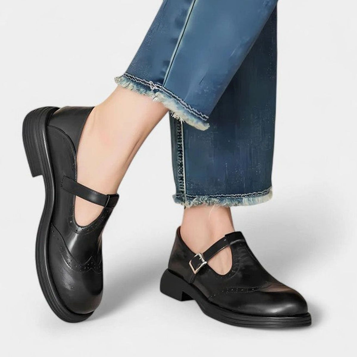 Mia | Women's Vegan Leather T-Strap Buckle Brogue Flats