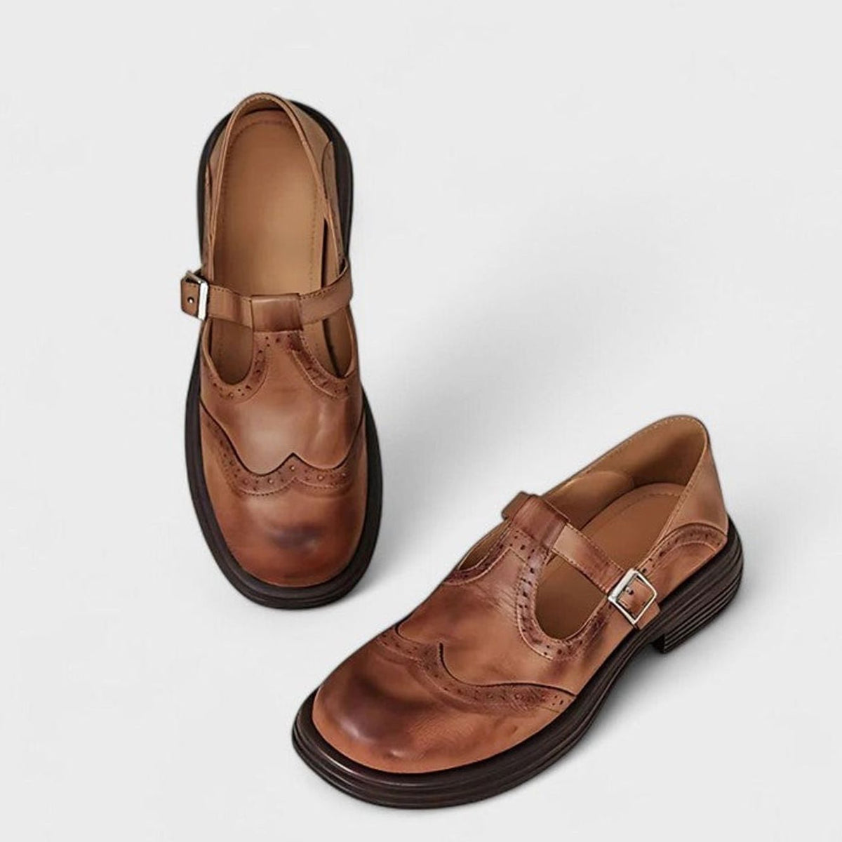 Mia | Women's Vegan Leather T-Strap Buckle Brogue Flats