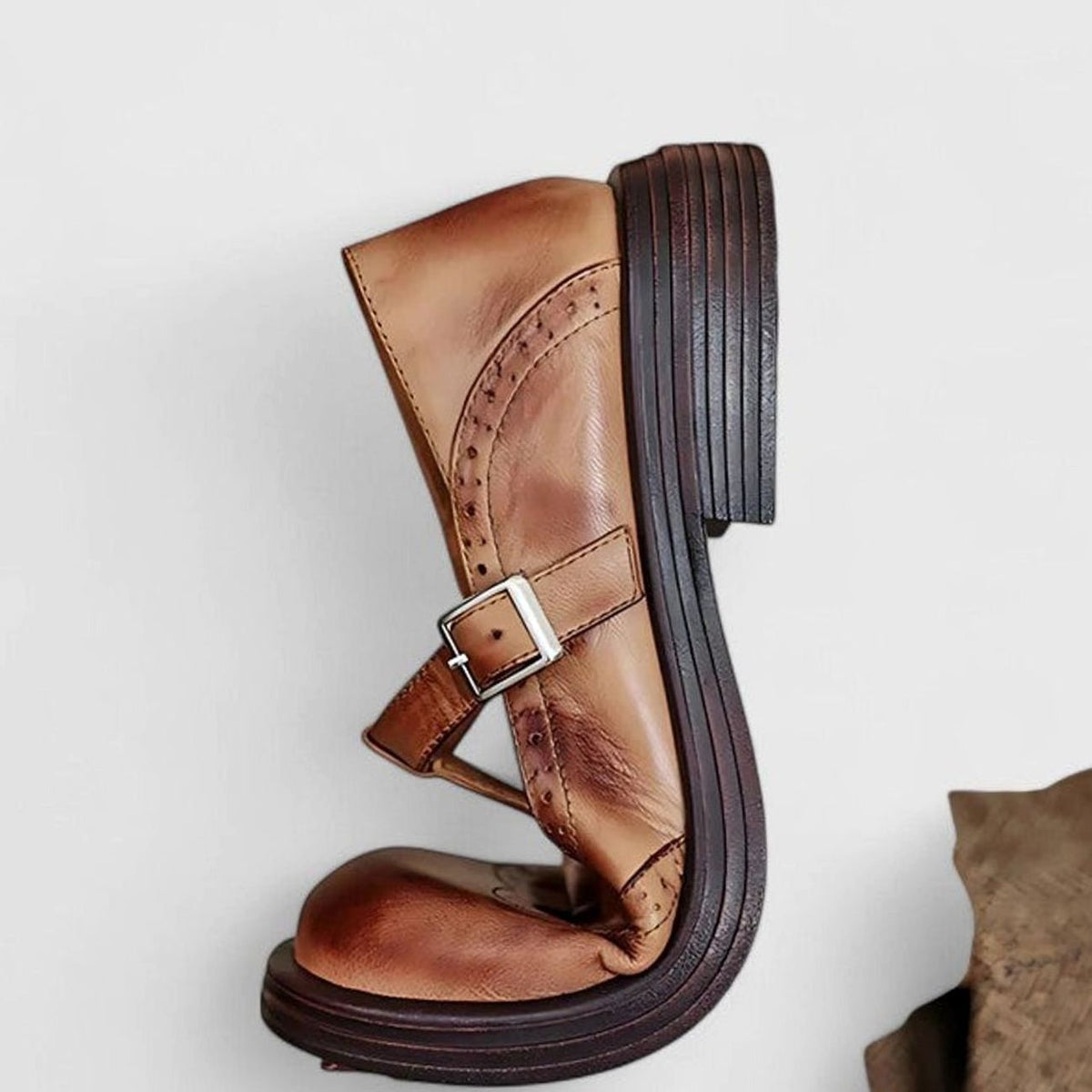 Mia | Women's Vegan Leather T-Strap Buckle Brogue Flats