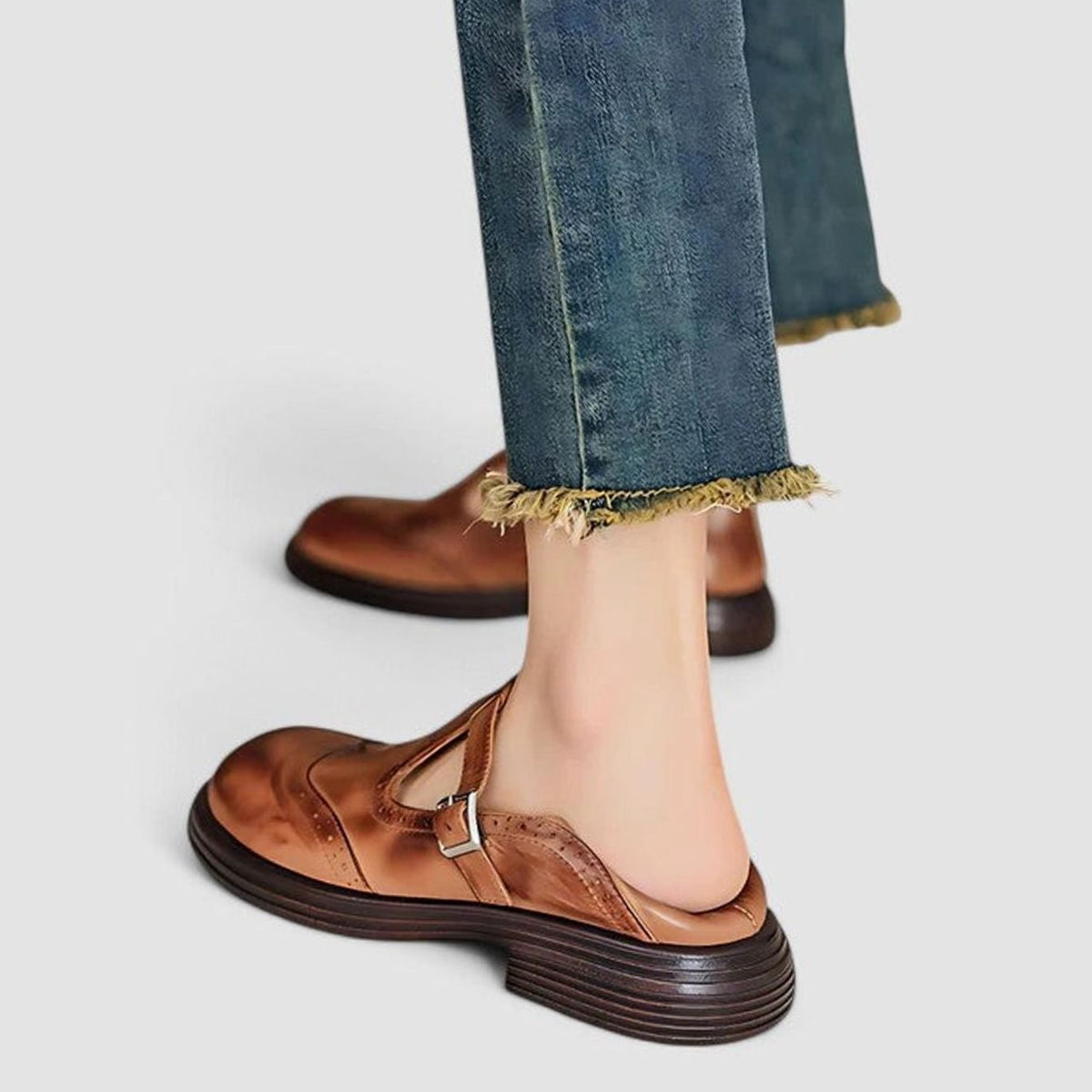 Mia | Women's Vegan Leather T-Strap Buckle Brogue Flats